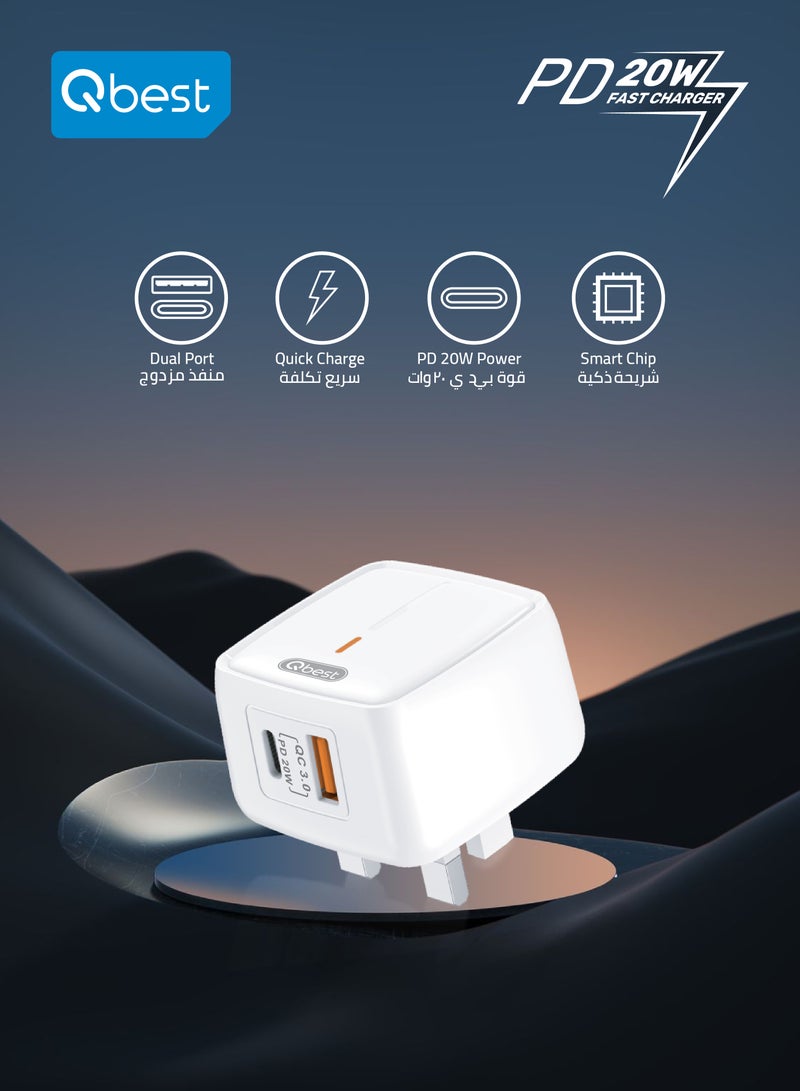 Qbest 20W Type-C PD & QC 3.0 USB Dual Port Quick Power Charger Adapter – High-Speed Charging with Smart IC, 2 Ports for Fast Power Delivery - Image 2