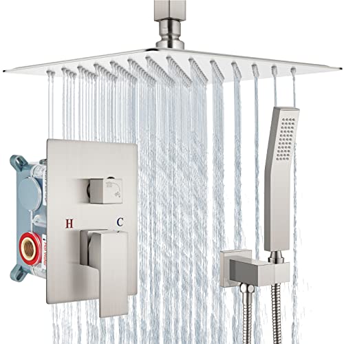 Aolemi Ceiling Mount Shower System Rain Shower Head with Handheld Spray High Pressure Shower Faucet Set Rough-in Valve Shower Trim Kit Included Bathroom Brushed Nickel 12 Inch Ceiling Shower Head - Image 1