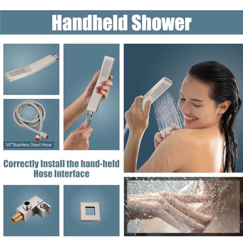 Aolemi Ceiling Mount Shower System Rain Shower Head with Handheld Spray High Pressure Shower Faucet Set Rough-in Valve Shower Trim Kit Included Bathroom Brushed Nickel 12 Inch Ceiling Shower Head - Image 4