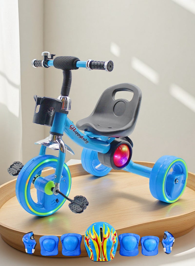 Kids Baby Tricycle with Light & Music Ride-On Toy Bicycle with Storage Basket (Blue/Red/Pink Options) Package Include Full Protective Gear Set - Image 1