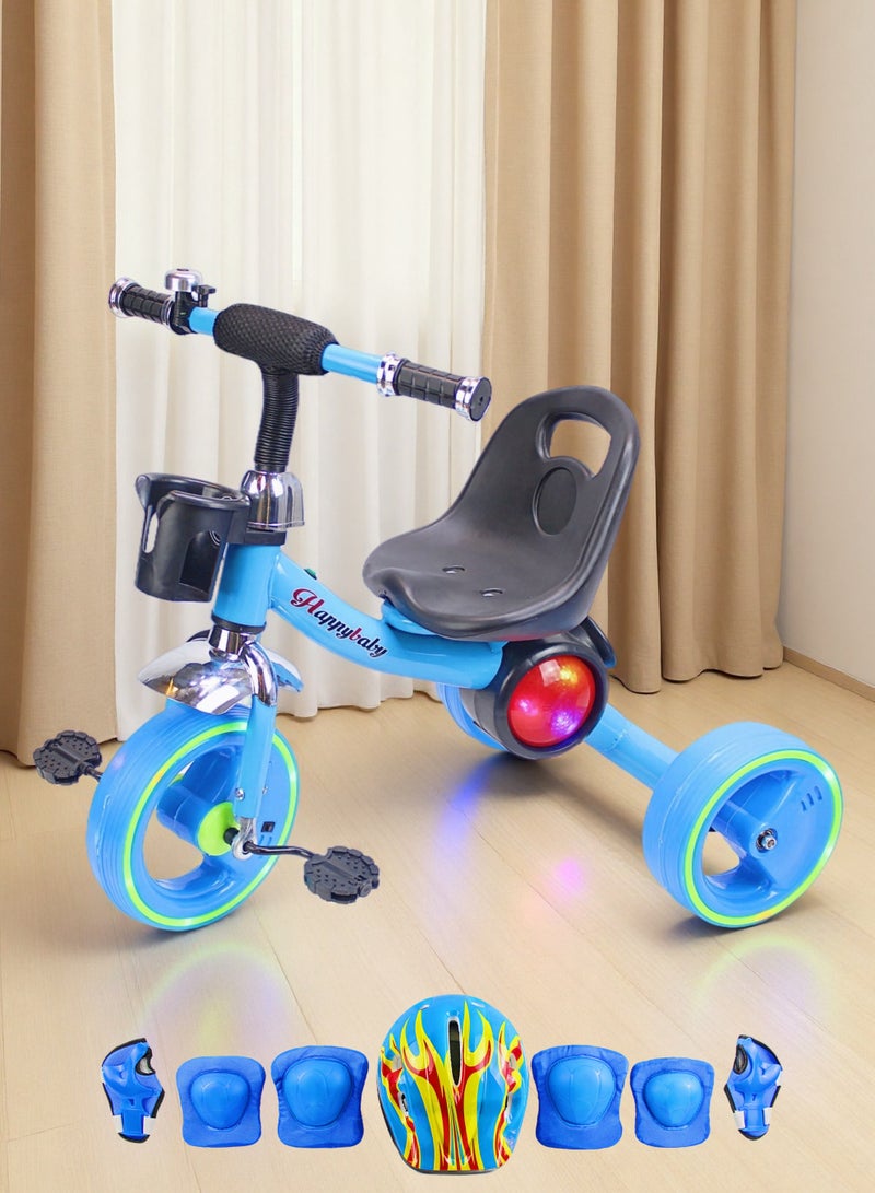 Kids Baby Tricycle with Light & Music Ride-On Toy Bicycle with Storage Basket (Blue/Red/Pink Options) Package Include Full Protective Gear Set - Image 5