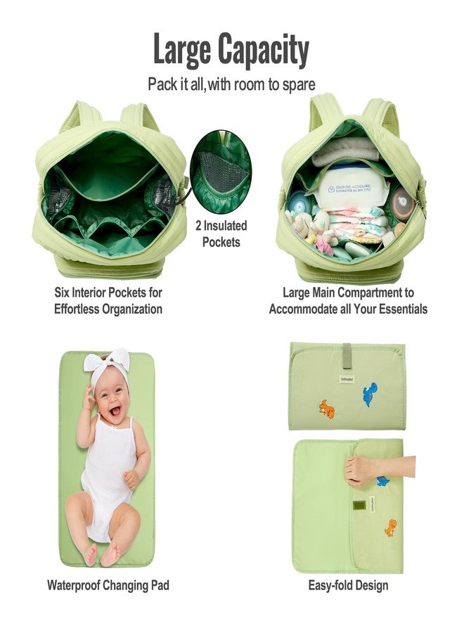 حقيبة ظهر لحفاضات الأطفال من GOBABYMART مع وسادة تغيير - حقيبة سفر للأطفال، جيوب معزولة للزجاجات، أحزمة لعربة الأطفال (متوسطة - ديناصورات خضراء) - Image 4