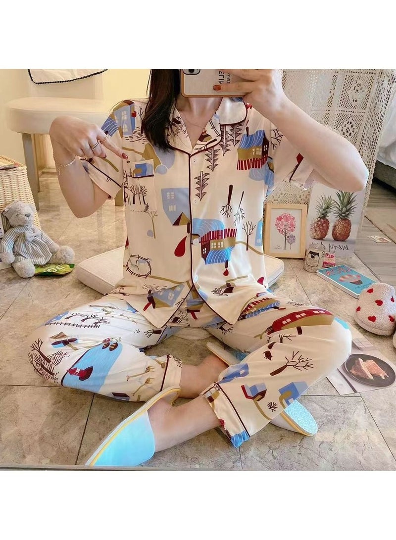 DubaiGallery Trendie Women's Korean Cute Designs Series Sleepwear Collection Milky Cotton Sleepwear Shortsleeves and Pants Pyjama Set.