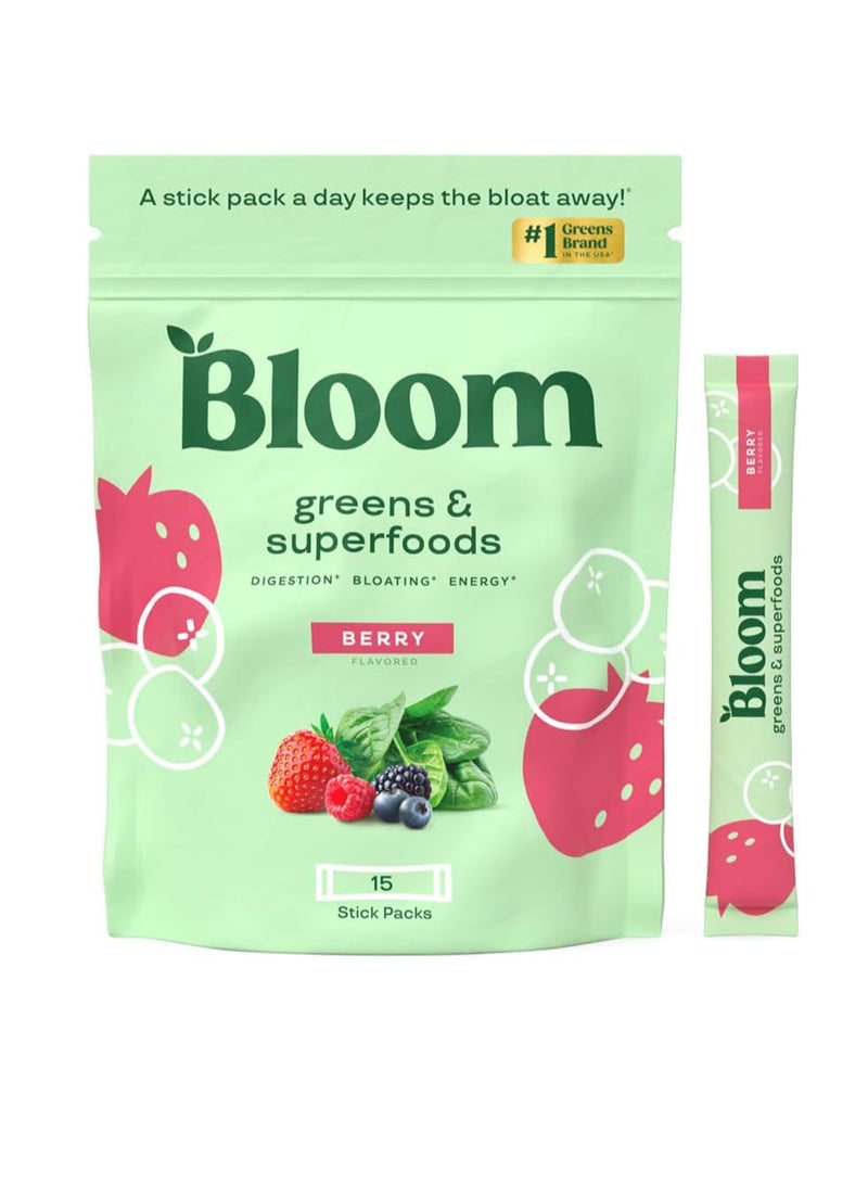 Bloom Nutrition Superfood Greens Powder Stick Packs, Digestive Enzymes with Probiotics and Prebiotics, Gut Health, Bloating Relief for Women, Chlorella, Green Juice Mix, 15 SVG, Berry