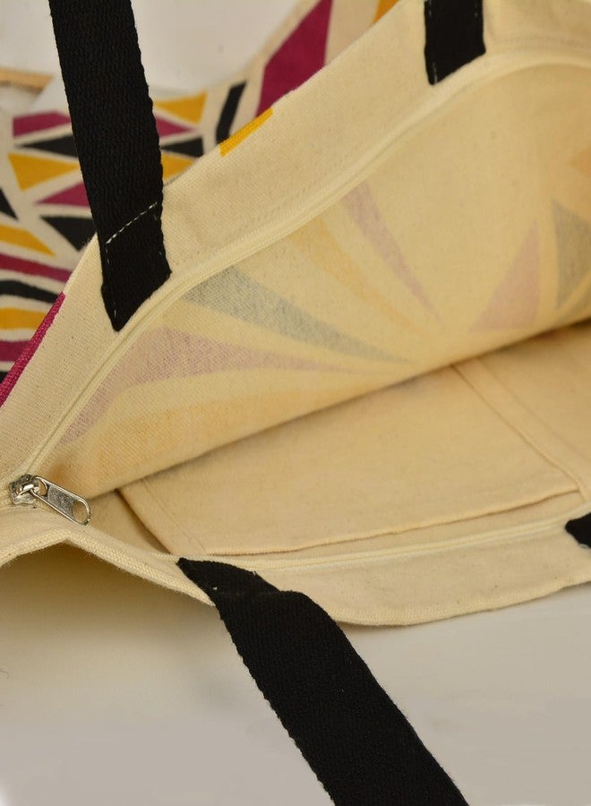 StyleMyWay Large Cotton Designer Canvas Tote Bag with Zip, Inner Pocket for Shopping, Office & Daily Use (Multicolor Geometric Print) | College Bag for Girls | Travel & Beach Bag - Image 4