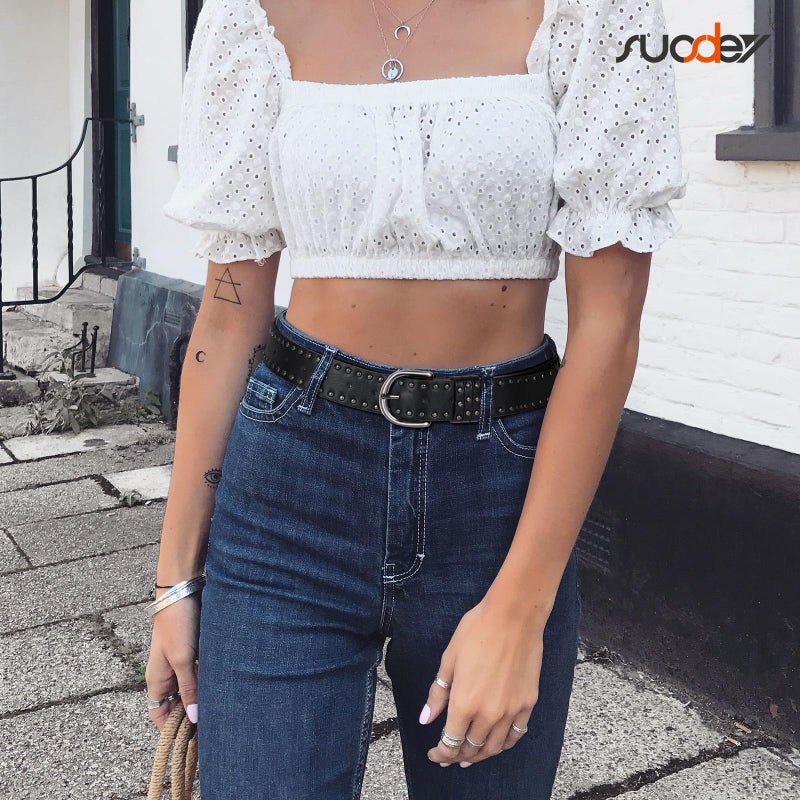 SUOSDEY Women Leather Rivets Belts for Jeans Pants Dresses Studded Leather Belts with Silver Buckle - Image 2