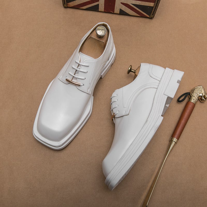 Business Formal Wear Men'S Shoes Square Toe Casual Leather Shoes Korean Fashion Hair Stylist Thick Bottom White Single-Layer Shoes Wedding Shoes - Image 4