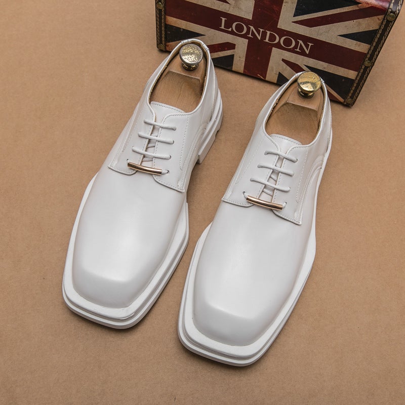 Business Formal Wear Men'S Shoes Square Toe Casual Leather Shoes Korean Fashion Hair Stylist Thick Bottom White Single-Layer Shoes Wedding Shoes - Image 1