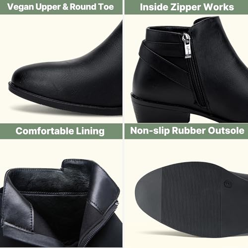 Vepose Women's Short Ankle Boots, Low Heel Western Cowboy Booties, 911 - Black Pu, Size 8.5 US - with Buckle Side Zipper (CJY911 Black pu 08.5) - Image 3