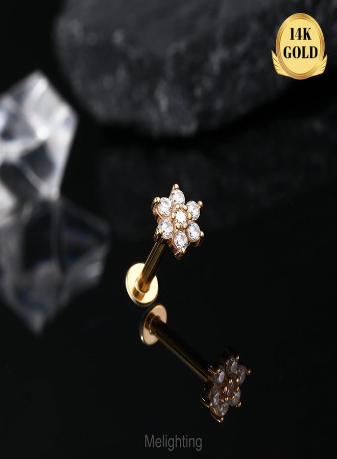 Melighting 14K Solid Gold Cartilage Helix Piercing Jewelry - Internally Threaded Curved CZ Gold Flat Back Earring, 8mm - Image 4