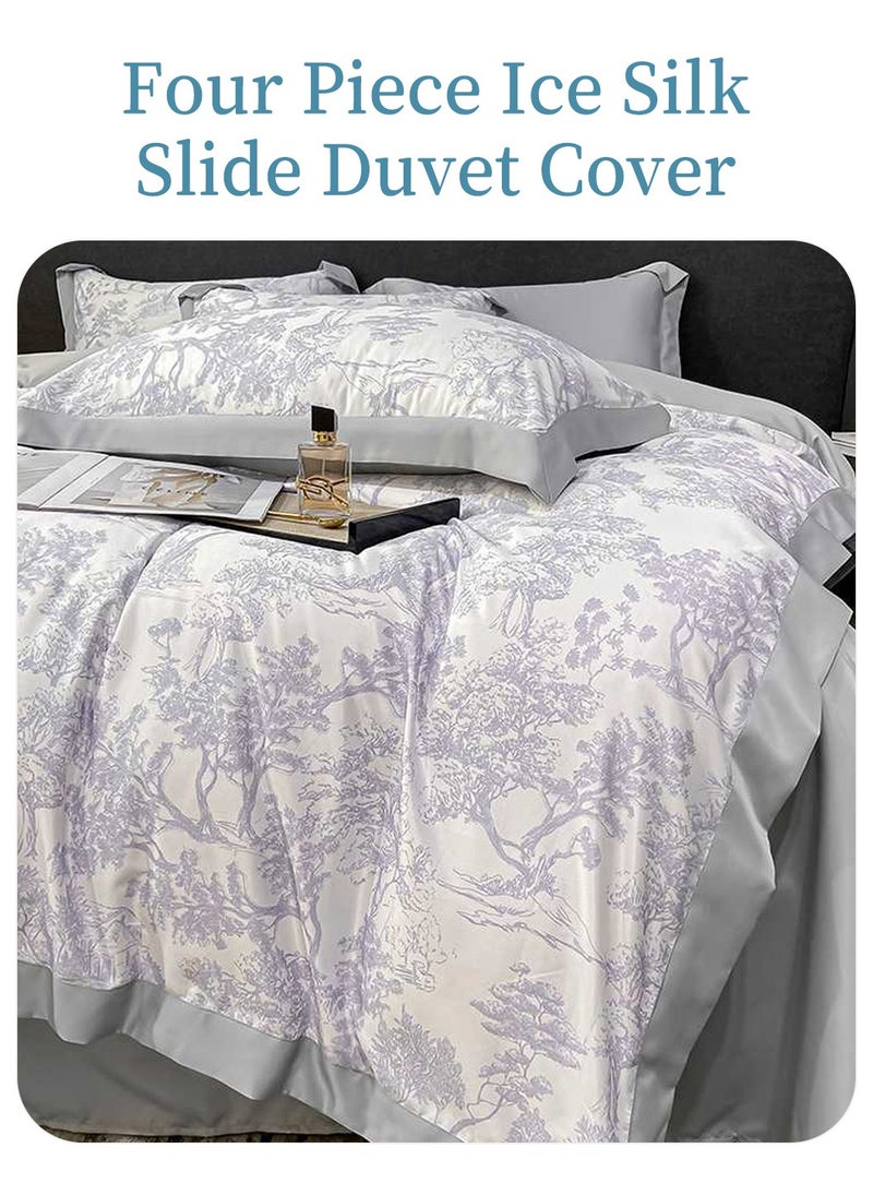 4PCS Silky Satin Sheet Set Satin Bed Set with 2 Pillowcase Soft and Breathable Exquisite Printing Comforter Set Universal Four Seasons Satin Bedding Set 200*230CM