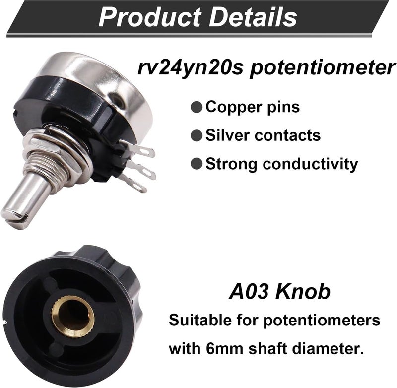 TWTADE / قطعتان RV24YN20S B101 100 أوم مقياس جهد متغير خطي دوار كربوني ذو دورة واحدة، يستخدم لتنظيم سرعة العاكس. تحكم سرعة المحرك + قطعتان مقبض A03 + قطعتان أقراص - Image 5