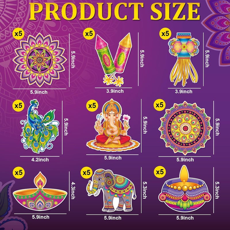 Hedeey Diwali Paper Cutout Decorations for Home,Diwali Decor with Rangoli Peacock Ganesh Diya Elephant for Rangoli Deepavali Party Decorations Supplies-45 Pcs - Image 2