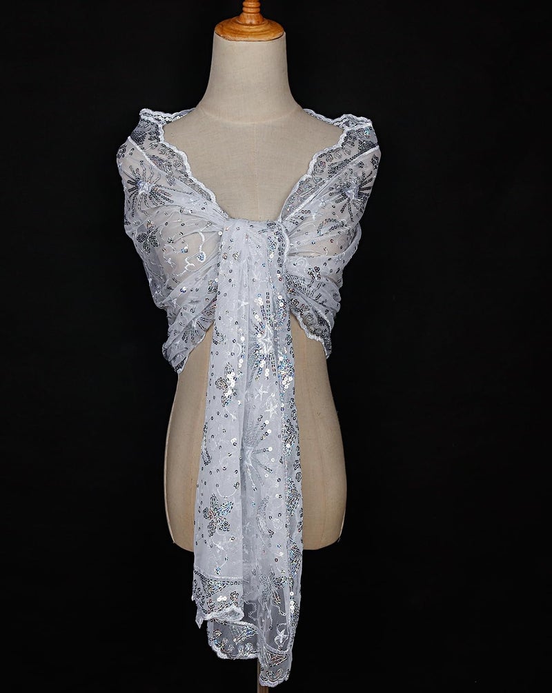 L'VOW Women's Glittering 1920s Scarf Mesh Sequin Wedding Cape Fringed Evening Shawl Wrap(S4-White) - Image 4
