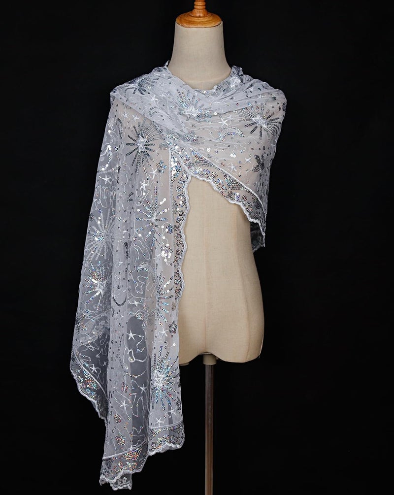 L'VOW Women's Glittering 1920s Scarf Mesh Sequin Wedding Cape Fringed Evening Shawl Wrap(S4-White) - Image 5
