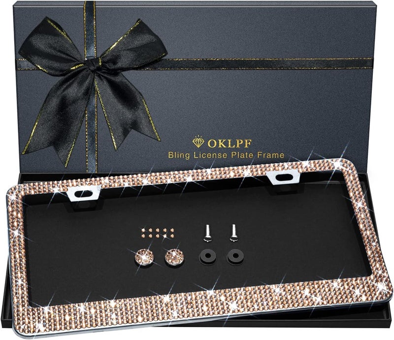 OKLPF Bling License Plate Frame for Women, 1PCS Sparkly License Plate Frames| Over 1200 pcs 14 Facets Bedazzled Clear Glass Diamond Rhinestone Crystals w/Free Glitter Diamond Box (Champagne) - Image 1