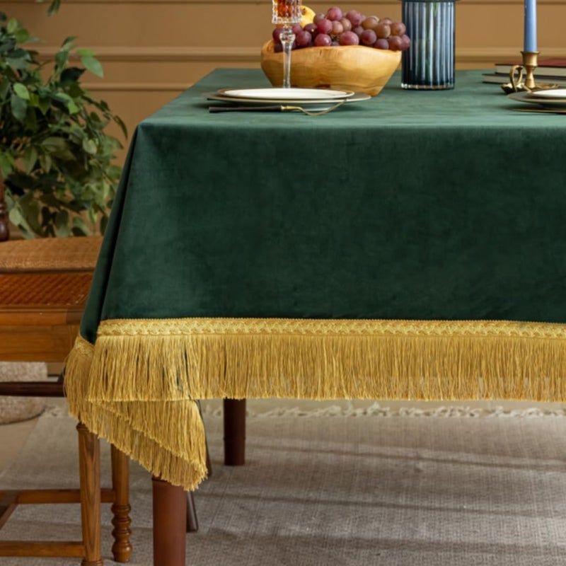 FCHU Luxury Green Tablecloth Thickset Velvet Tablecloth with Beautiful Gold Tassels Table Cloth for Home Decor Wedding Party Banquet and Events 60x70Inch