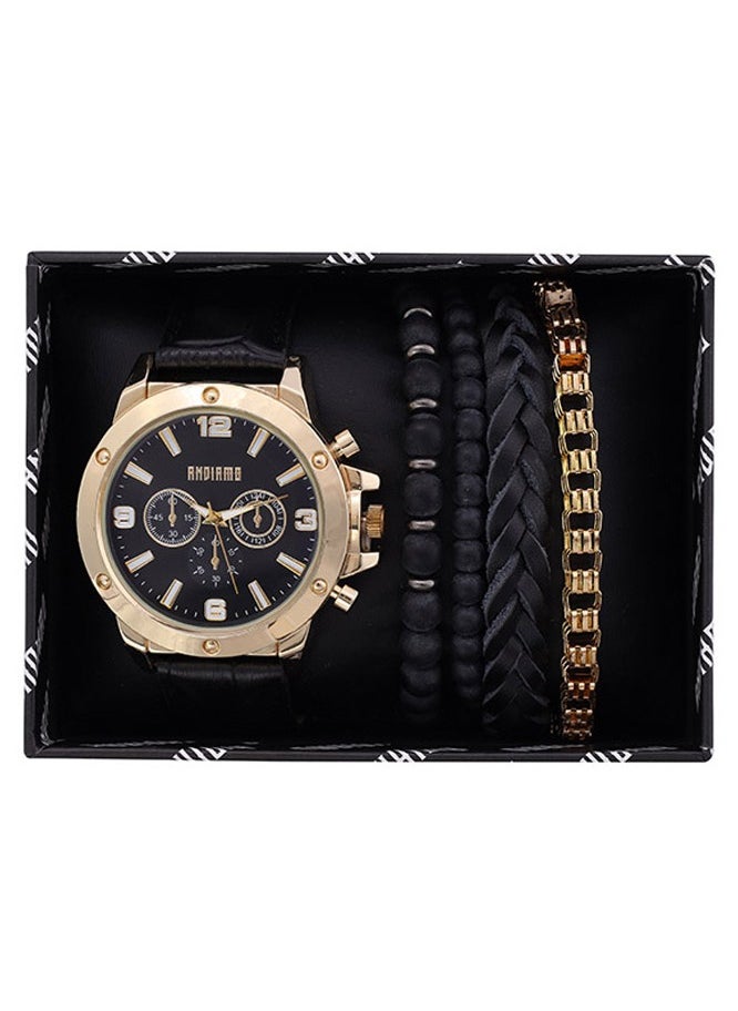 ANDIAMO Men's Analog Gold Case Black Leather Strap Set Watch 