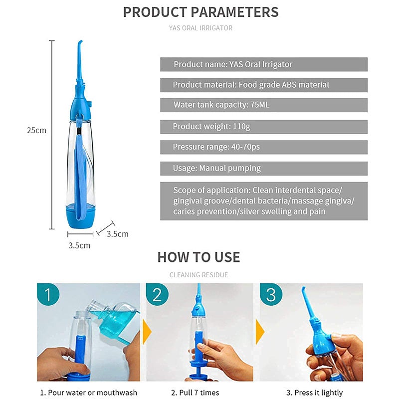 YAS Water Dental Flosser Non-Electric Portable Affordable, Oral Irrigator Cordless Manual Air Pressure Simple Operation, for Home and Travel Blue - Image 4