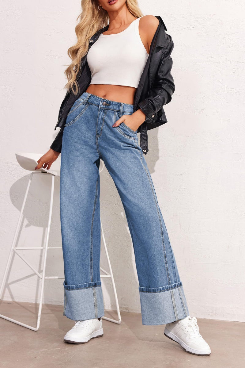 PLNOTME Womens Baggy Jeans Boyfriend Wide Leg Trendy Casual Mid Rise Cuffed Hem Denim Pants with Pockets Blue - Image 3