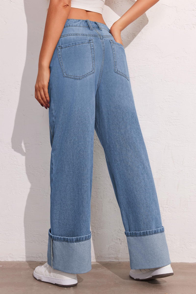 PLNOTME Womens Baggy Jeans Boyfriend Wide Leg Trendy Casual Mid Rise Cuffed Hem Denim Pants with Pockets Blue - Image 4