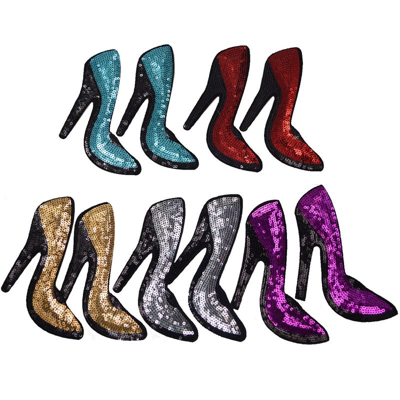 5 Pairs High Heel Sequin and Embroidery Patch Garment Applique Iron on DIY Decoration Patch