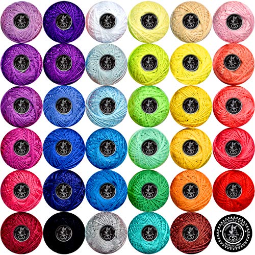 Crochet Thread Cotton Yarn Threads Balls 35 Balls Popular Rainbow Colors of Size 5 Crochet Thread 100 Long Staple Cotton Mercerized Cotton