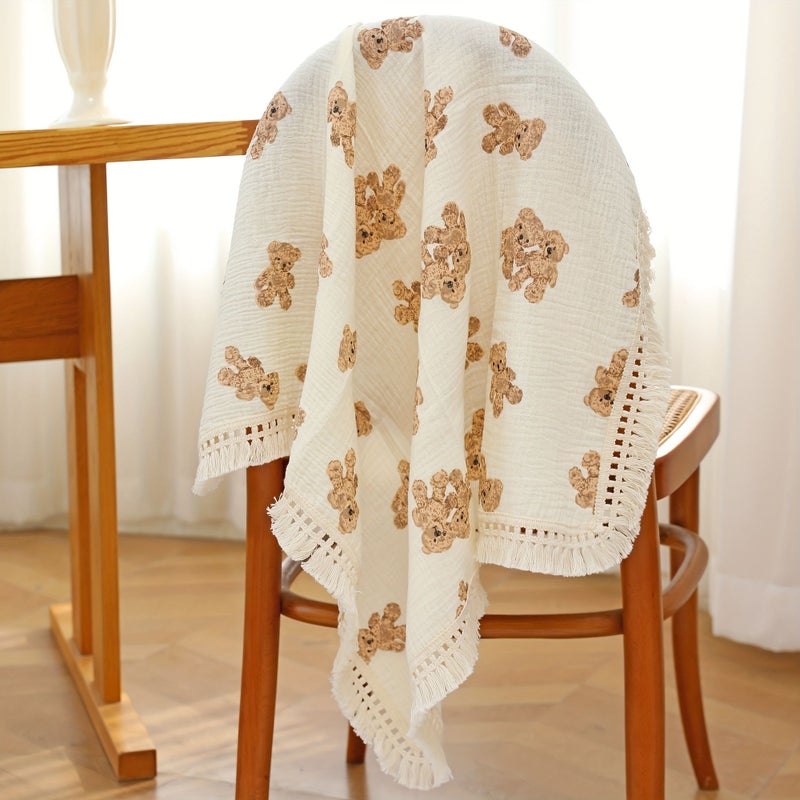 Double Bear Soft Double Layered Cotton Baby Blanket 39 37 by 51 18 inch with Fringes Perfect for Stroller Use - Image 4