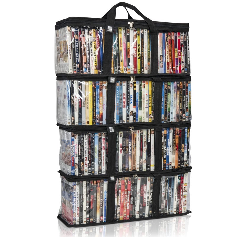 Made Easy Kit DVD Storage Bag  Clear PVC OrganizerTripleStitched Handles Dividers  Stackable SpaceSaving Fits 40 DVD Cases  Container for Movie Discs Video Games VHS Tapes Black 4 Bags