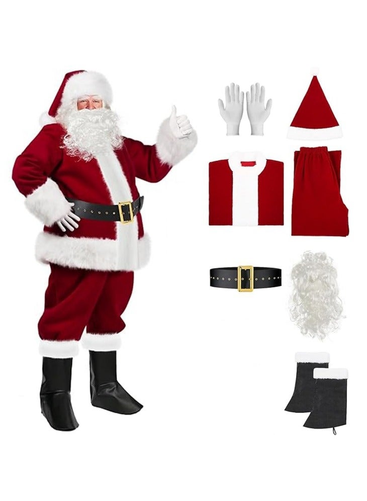 CCOVERY Christmas Santa Claus Costume with Beards Santa Suit Adult Men,Deluxe Santa Outfit Set Professional Santa Costumes,Velvet Complete Santa Suits - Image 1