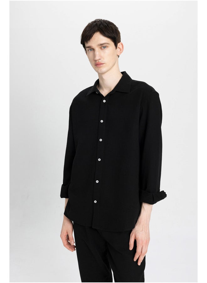 DeFacto - Man Relax Fit Polo Neck Woven Long Sleeve Shirt - Image 1