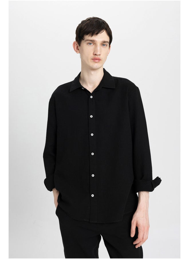 DeFacto - Man Relax Fit Polo Neck Woven Long Sleeve Shirt - Image 1