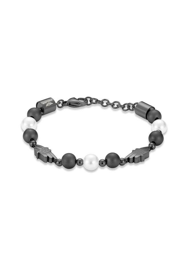 بوليس سوار تعبيري بطلاء رمادي ولآلئ بيضاء ورمادية، شعار  ، تصميم جريء وفاخر - Image 1