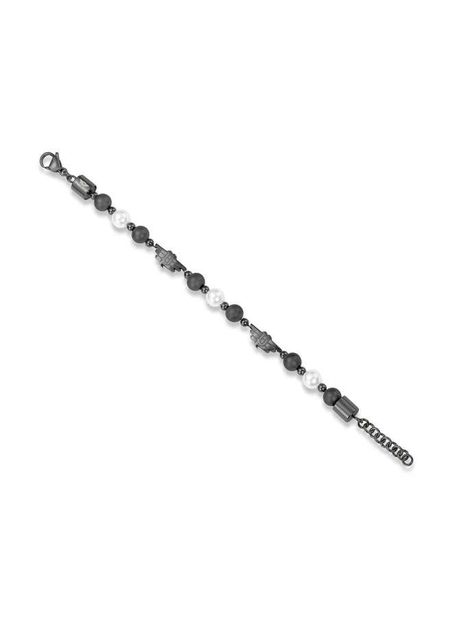 بوليس Expression Bracelet GreyPlated with White and GreyPlated Pearls, P Wing Logo, Bold and Luxurious Style