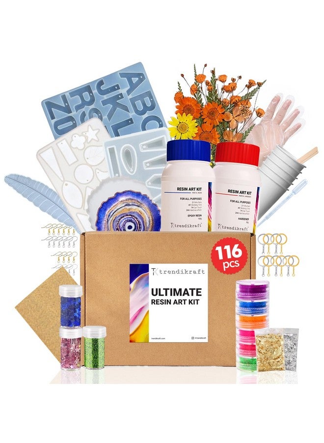 TRENDIKRAFT 116pcs Ultimate All-in-One Resin Art Kit with 5 Silicone Moulds Dried Flowers Epoxy Raisin Materials for Making Alphabet Pendant Keychain Earrings Bookmarks & 4" Coaster for DIY Beginners - Image 1