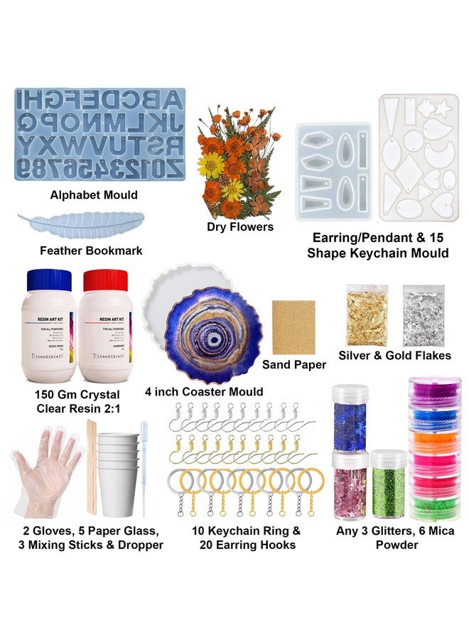 TRENDIKRAFT 116pcs Ultimate All-in-One Resin Art Kit with 5 Silicone Moulds Dried Flowers Epoxy Raisin Materials for Making Alphabet Pendant Keychain Earrings Bookmarks & 4" Coaster for DIY Beginners - Image 2