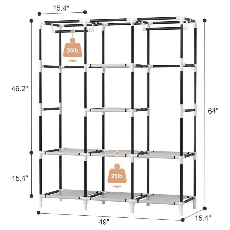 VTRIN Portable Closet Wardrobe for Hanging Clothes with 2 Hanging Rods and 8 Storage Organizer Shelves,Sturdy Large Wardrobe Closet for Bedroom Free Standing Clothes Rack with Cover,Grey - Image 3
