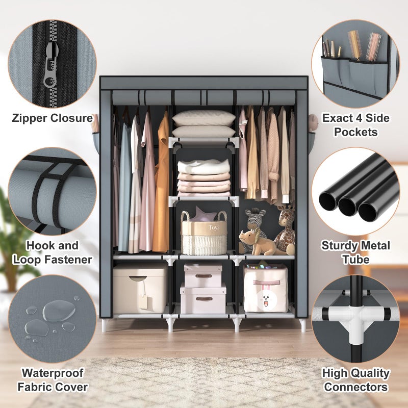 VTRIN Portable Closet Wardrobe for Hanging Clothes with 2 Hanging Rods and 8 Storage Organizer Shelves,Sturdy Large Wardrobe Closet for Bedroom Free Standing Clothes Rack with Cover,Grey - Image 4