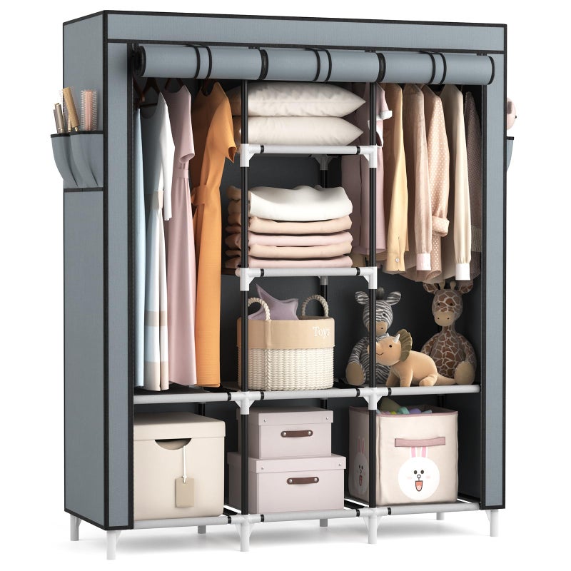 VTRIN Portable Closet Wardrobe for Hanging Clothes with 2 Hanging Rods and 8 Storage Organizer Shelves,Sturdy Large Wardrobe Closet for Bedroom Free Standing Clothes Rack with Cover,Grey - Image 1
