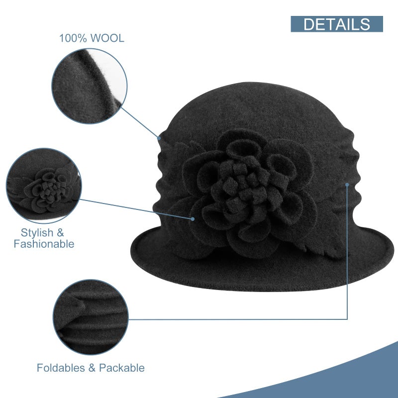 Sumolux Women Beret Hat French Vintage Floral Wool Dress Cloche Classic Winter Hat 1920s - Image 3