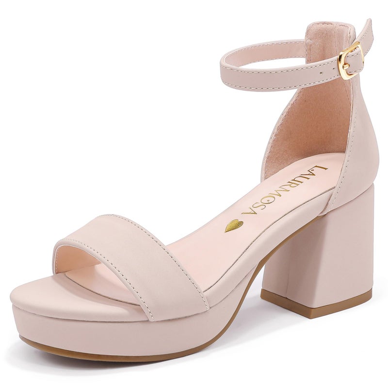 LAURMOSA Girls High Heels for Kids Dress Shoes Flower Girl Shoes for Wedding Party Platform Dress Sandals Open Toe Ankle Strap Nude Chunky Block Heels Big Kids Cute Wedges Pumps Size 2 (L1038NuNude 2) - Image 1