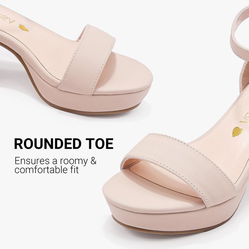LAURMOSA Girls High Heels for Kids Dress Shoes Flower Girl Shoes for Wedding Party Platform Dress Sandals Open Toe Ankle Strap Nude Chunky Block Heels Big Kids Cute Wedges Pumps Size 2 (L1038NuNude 2) - Image 4