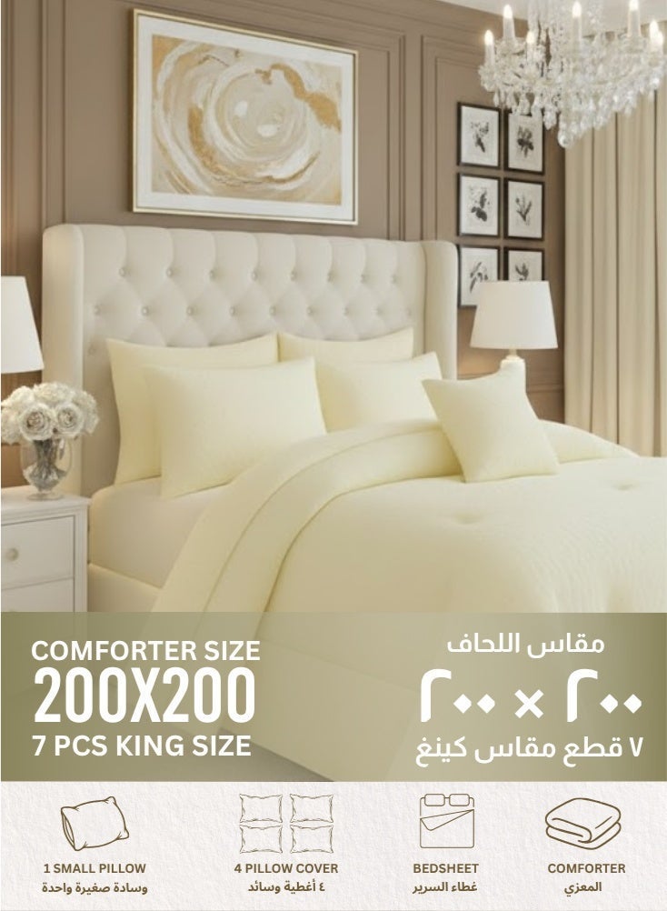 Microfiber Hotel Comforter Set, Fits 200 cm x 200 cm Bed, 7 Pcs King Size with Cozy Filling Best For Winter, Soft Premium Design – Cream Yellow - Image 1