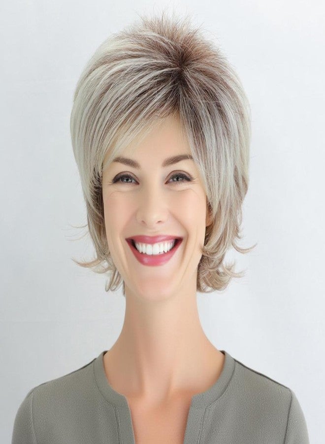TISHINING Pixie Cut Short Blonde Curly Wigs for White Women Fluffy Layered Dark Brown Ombre Blonde Pixie Wig with Bangs Natural Looking Synthetic Daily Party Wig - Image 1