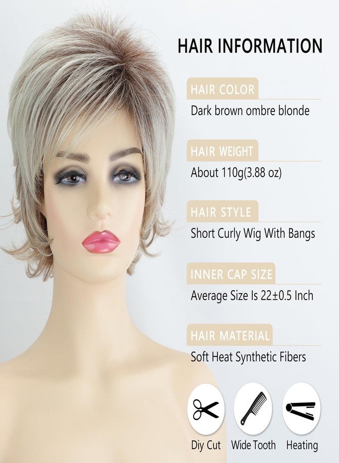 TISHINING Pixie Cut Short Blonde Curly Wigs for White Women Fluffy Layered Dark Brown Ombre Blonde Pixie Wig with Bangs Natural Looking Synthetic Daily Party Wig - Image 3