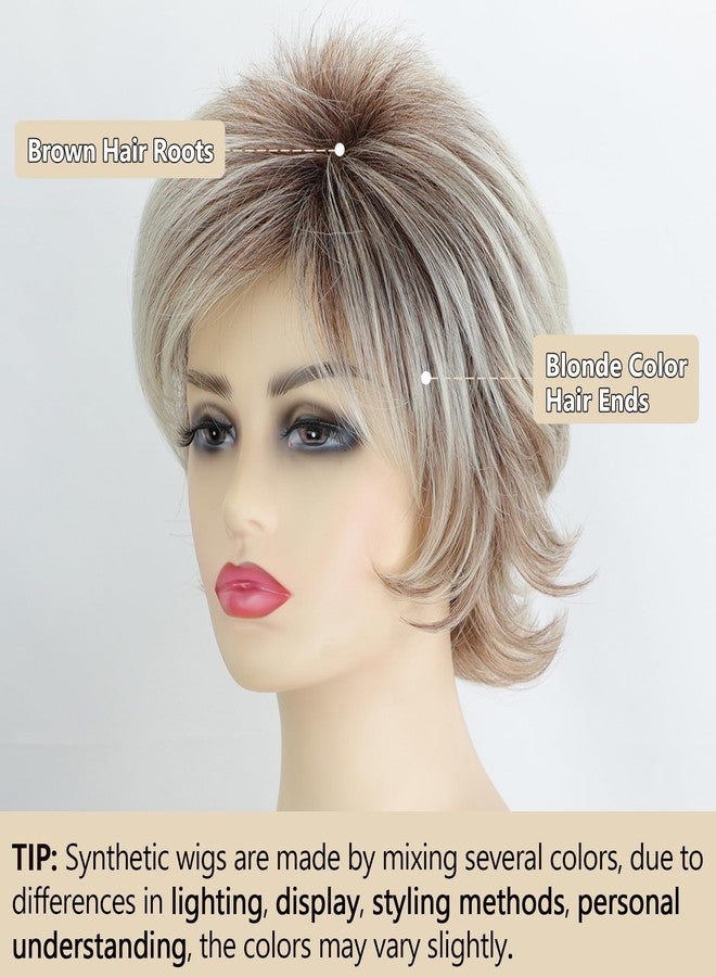 TISHINING Pixie Cut Short Blonde Curly Wigs for White Women Fluffy Layered Dark Brown Ombre Blonde Pixie Wig with Bangs Natural Looking Synthetic Daily Party Wig - Image 4