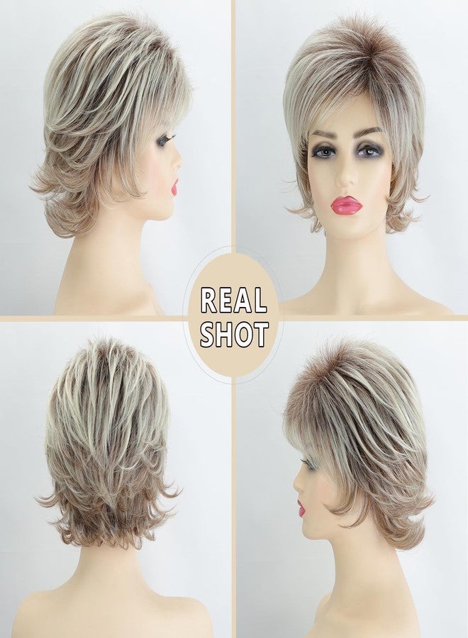 TISHINING Pixie Cut Short Blonde Curly Wigs for White Women Fluffy Layered Dark Brown Ombre Blonde Pixie Wig with Bangs Natural Looking Synthetic Daily Party Wig - Image 2