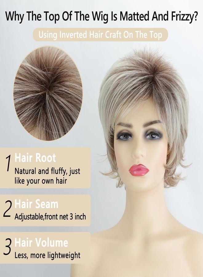 TISHINING Pixie Cut Short Blonde Curly Wigs for White Women Fluffy Layered Dark Brown Ombre Blonde Pixie Wig with Bangs Natural Looking Synthetic Daily Party Wig - Image 5