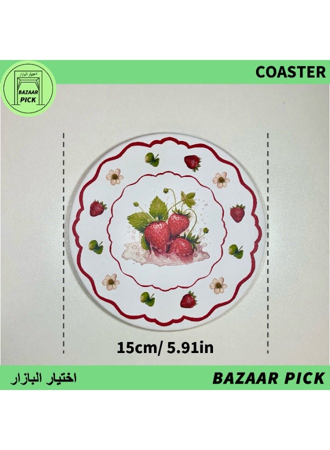 Absorbent Ceramic Coaster (15cm/5.9inch) with Non-Slip Cork Base - Heat Resistant Round Cup Mats for Drinks, Coffee Home & Office Decor, Sweet Strawberry Garden Theme - Image 1