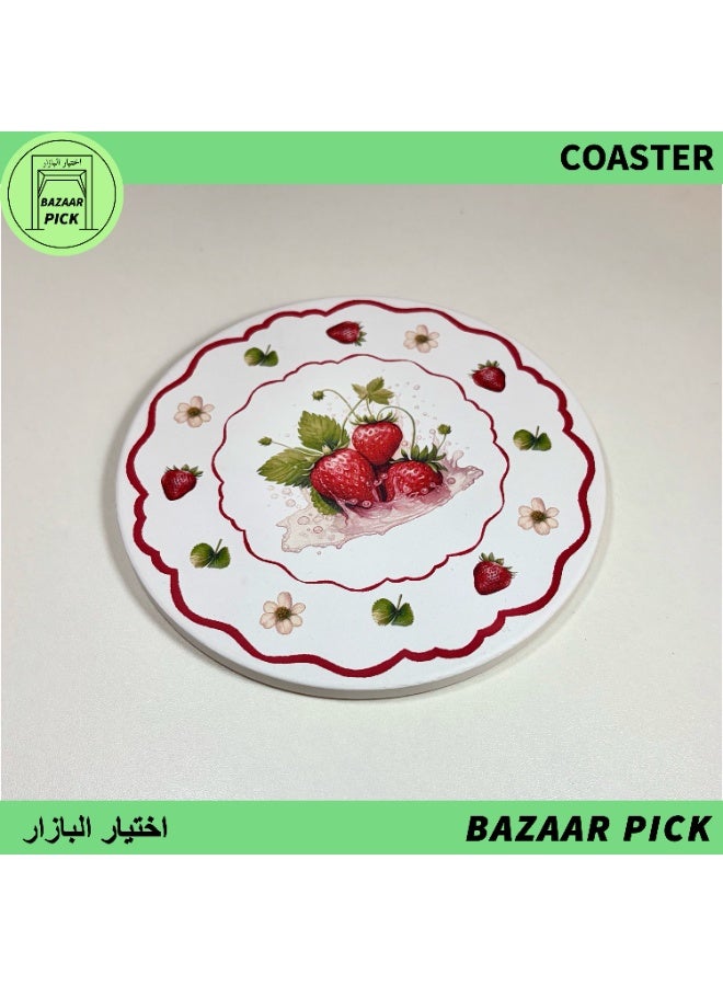 Absorbent Ceramic Coaster (15cm/5.9inch) with Non-Slip Cork Base - Heat Resistant Round Cup Mats for Drinks, Coffee Home & Office Decor, Sweet Strawberry Garden Theme - Image 2